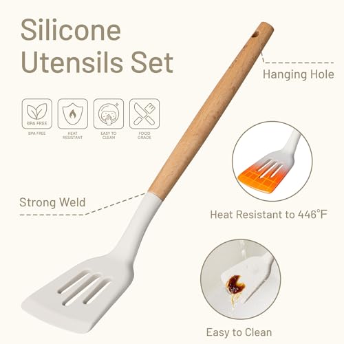 CAROTE Silicone Cooking Utensils Set, Kitchen Utensils Set 10 Pcs for cooking, BPA Free Spatula Set with Heat Resistant Wood Handles for Nonstick Cookware (Cream White)