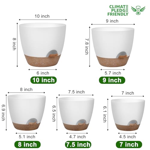 Plant Pots 10/9/8/7.5/7 Inch Self Watering Pots, Set of 5 Plastic Planters with Drainage Holes and Saucers,Plastic Flower Pots,Nursery Planting Pot for Indoor Out Door Plants(White)