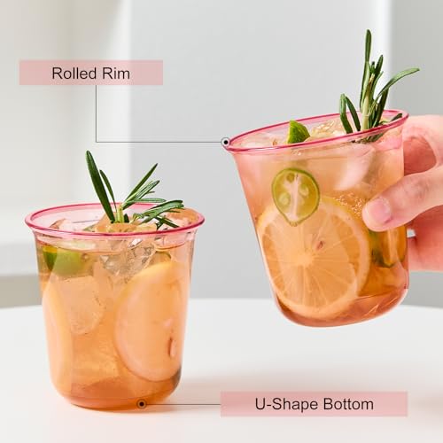 50 Pcs Pink Plastic Cups, 12oz Disposable Stemless Wine Glasses Pink Cocktail Party Cups for Graduation, Meeting, Wedding, Birthday Party