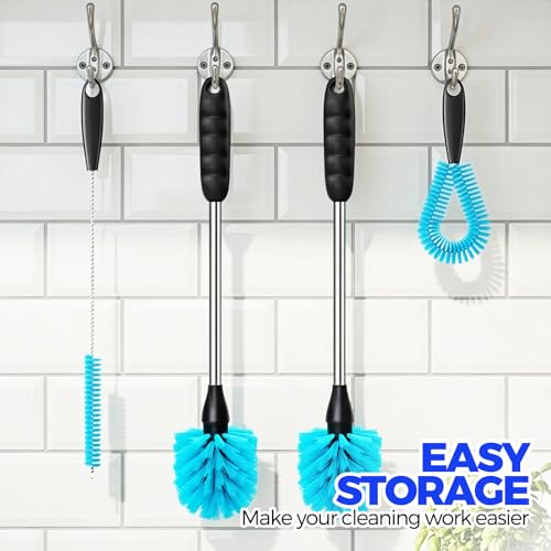 Holikme 4 Pack Bottle Brush Set, 14.5" Long Handle Stainless Steel Bottle Cleaner Brush, Long-Handled 4-in-1 Stainless Steel Bottle Brushes for Water Bottle, Cups, Abrasive Wheel Brushes, Blue