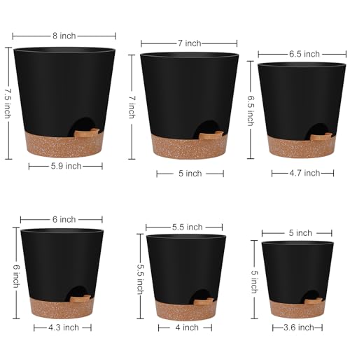 Indoor Self Watering Planters with Drainage Holes and Saucers, 8, 7, 6.5, 6, 5.5, 5 Inches, Black, 6 Pots