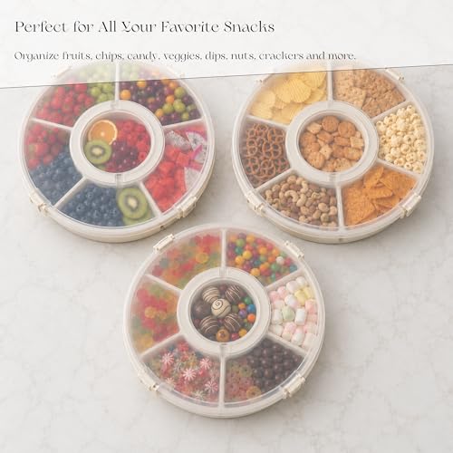 Divided Serving Tray with Lid - Snack Tray - Snack Box - Portable Snackle Box Organizer for Fruit, Salad, Chips & Dip - Lazy Susan Platter with Handle for Parties, Road Trips, Kids & Charcuterie