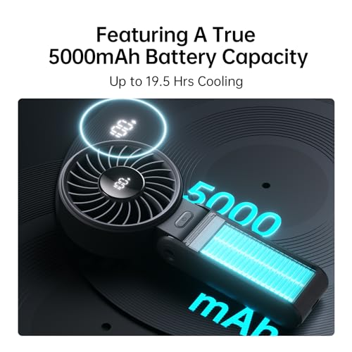 JISULIFE Handheld Fan Life7 – Ultimate Flexibility: Wide & Strong Airflow, 19.5H Max Cooling, 5000mAh Rechargeable, 5-Speed, LED Display, 3 IN 1 Portable Fan for Travel, Concerts, Sports Events(Black)