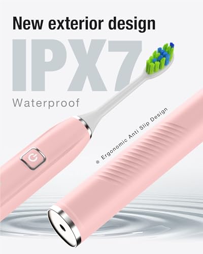 7AM2M Sonic Electric Toothbrush with 6 Brush Heads for Adults&Kids, One Charge for 120 Days, Wireless Fast Charge, 5 Modes, 40000VPM Powered Toothbrush, 2 Minutes Built in Smart Timer-Pink