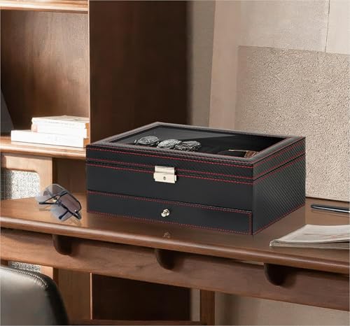 Kukikan Watch Jewelry Box Organizer, 6-Slot 2-Layer Watch Case and Sunglasses Storage with Large Glass Lid, Men's Jewelry Box with Lock, Watch Holder Display Case, Fathers Day Gift for Dad