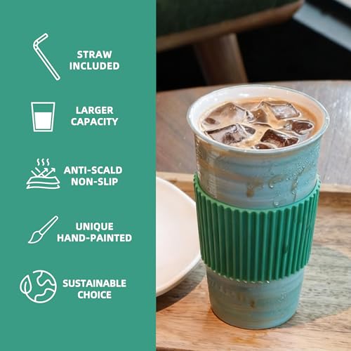 Ceramic Coffee Mug with Lid & Straw, 15oz Handmade Glazed Travel Mug, Microwave & Dishwasher Safe, Fits Most Car Cup Holders, Giftable Mug for Latte, Iced Coffee & Daily Warm Drinks