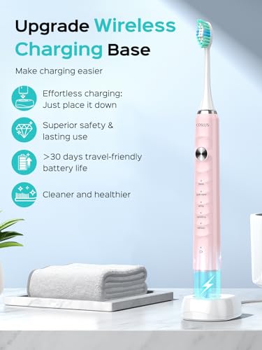 COSLUS Sonic Electric Toothbrush for Kids & Adults C40(DY-108Pro): 47000 VPM for Deep Cleaning with Travel Case - 5 Modes for Sensitive Teeth & Braces, Wireless Charging, 6 Brush Heads, Pink (1PC)