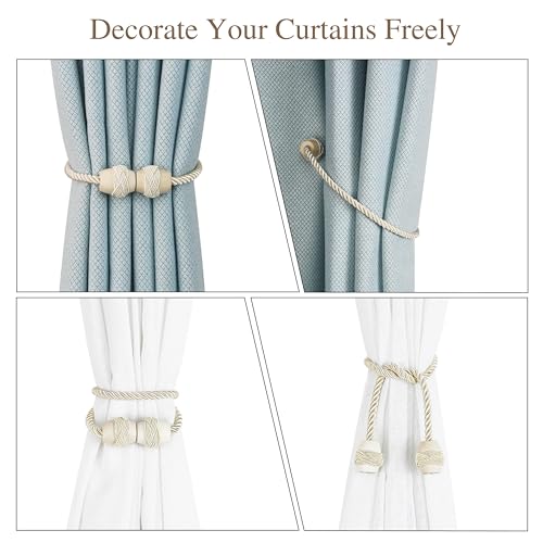 Curtain Tiebacks Magnetic Rope Tie Backs Handmade Curtains Holders for Drapes Outdoor Decorative Window Holdbacks, Beige 4Pack