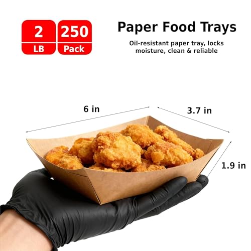 250 Pack 2lb Paper Food Boats - Heavy-Duty Food Trays Disposable,Paper Food Trays for Hot Dog,Nacho,Fries,Onion Rings,Ice Cream or Other Snacks