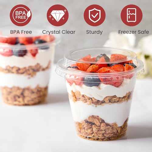 50 Pack 9 oz Plastic Dessert Cups with Lids, Small Plastic Yogurt Parfait Cups, Mini Round Party Serving Cup for Pudding, Fruit, Cake, Appetizer, Dessert Shot Glasses