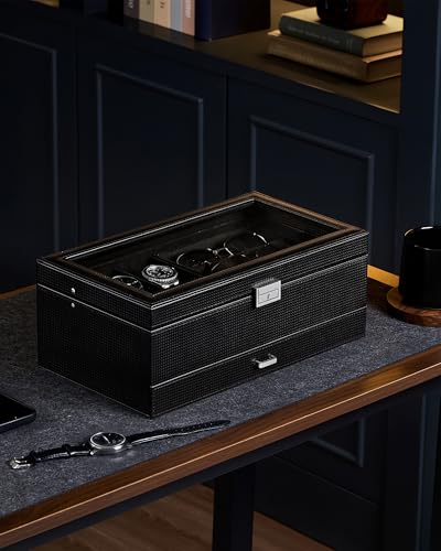 ProCase Mens Jewelry Box, Lockable 6 Slot Watch Case & 3 Slot Sunglasses Organizer, 2-layer Mens Jewelry Organizer Watch Box for Men, Watches Holder Display Storage, Fathers Day Gift -AllBlack