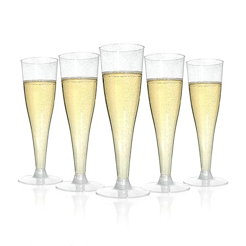 Bestluck 100 Pack Champagne Flutes Plastic, 4.5 oz Silver Glitter Plastic Disposable Stemware, Disposable Champagne Flutes for Party, Mimosa Bar, Wedding, Anniversary and Graduation