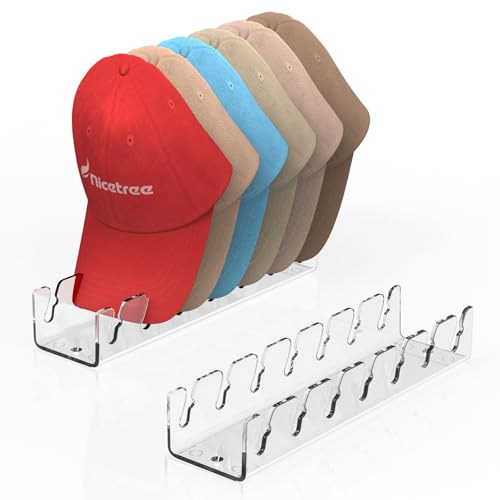 Nicetree Hat Organizer for Baseball Caps, 2 Pcs No Install Acrylic Hat Racks for 14 Baseball Caps Storage, Hat Stand for Caps Display and Organizer for Dresser, Bedroom, Closet, Office