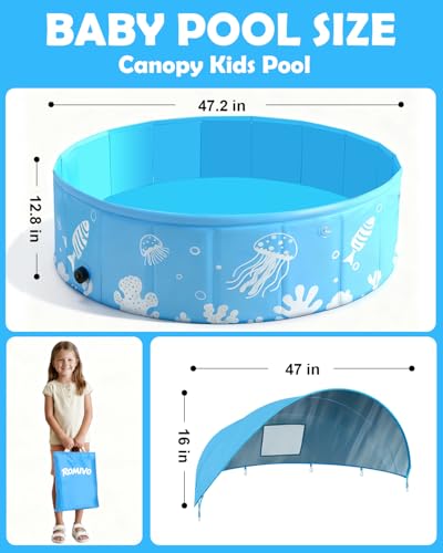 Foldable Kiddie Pool with Canopy UPF 50+, 47 Inch Non-Inflatable Swimming Kids Pool, Baby Pool for Toddler 1-3, Dog Pools for Backyard, Portable Water Play for Outdoor Backyard Beach, Blue