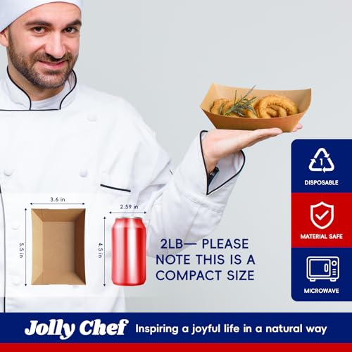 JOLLY CHEF 2lb Paper Food Trays, 100 Pack Disposable Paper Boat, Serving Boats, Food Holder Trays for Snacks French Fries Nachos Hot Dog Tacos BBQ Party