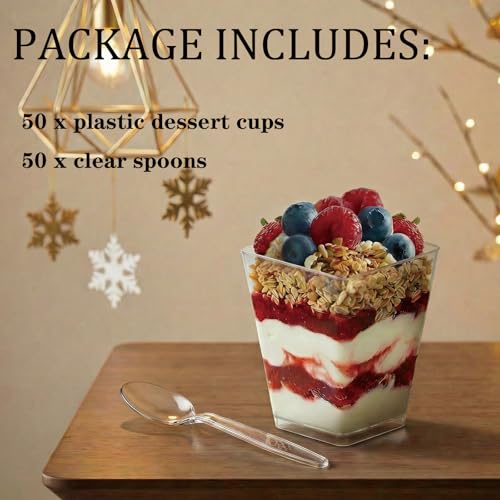 Hiasobre 50Pack 5oz Square Plastic Dessert Cups with Spoons, Reusable Clear Parfait Appetizer Cups, Mini Party Trifle Shooter Serving Cups, Dessert Shot Glasses for Tasting