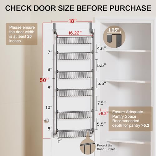 Delamu Over the Door Pantry Organizer, 6-Tier Metal Pantry Door Organization and Storage, Hanging Kitchen Basket Spice Rack Seasoning Shelves