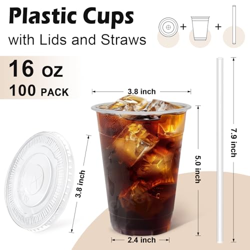 Lamosi 100 Pack 16 oz Clear Plastic Cups with Lids and Straws, Disposable Plastic Coffee Cups with Lids for Iced Coffee, Cold Beverages, Smoothies and To-Go Drinks