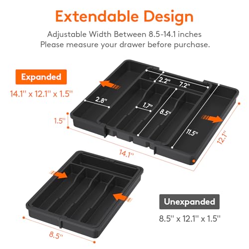 Lifewit Silverware Drawer Organizer, Expandable Utensil Tray for Kitchen, BPA Free Flatware and Cutlery Holder, Adjustable Plastic Storage for Spoons Forks Knives, 8.5-14 x 12", Black