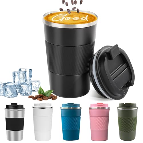 YINBAOGE Insulated Travel Coffee Mug, Spill & Leak Proof, Portable To Go Camping Stainless Steel Coffee Tumbler, Reusable Thermal Coffee Cup with Lid for Hot & Cold Drinks (Black, 12 OZ)