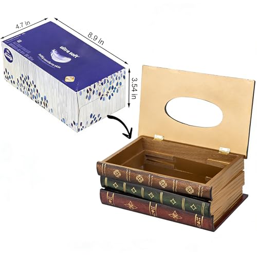 Crafted Classical Retro Wooden Antique Book Tissue Box Cover Rectangular Tissue Holder Dispenser Paper Cover Case Napkin Holder Home Decor for Bathroom Living Room Office car Kitchen