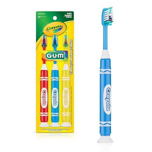 GUM Crayola Marker Kids Toothbrush, Soft-Bristle Toothbrush with Suction Cup Base for Ages 3+, 3 Count