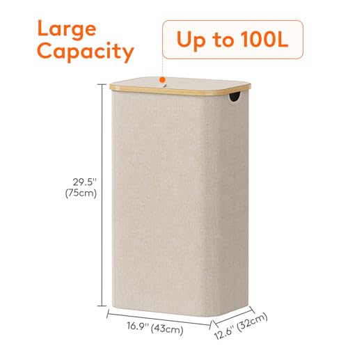 Lifewit 100L Laundry Basket with Lid, Clothes Hampers for Laundry with Bamboo Handles and 1 Removable Bag, Large Foldable Laundry Hamper for Bedroom, Bathroom, Dorm, Laundry Room, Beige
