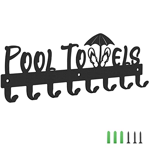 IBosins Pool Towel Rack with 8 Hooks, Towel Holder Wall Mounted for Outdoor or Bathroom, Towel Hanger for Hanging Bathrobes, Towels, Clothes - Perfect Pool Area Outside Sign and Decor (Black)