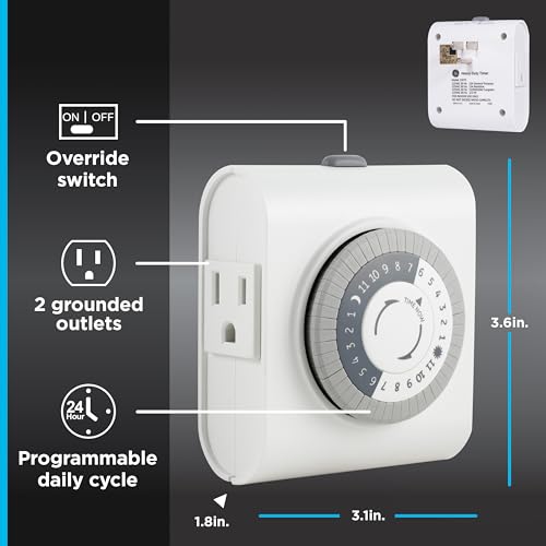 GE 24‑Hour Plug-in Mechanical Timer Outlet, 2 Grounded Outlets, 2 Pack