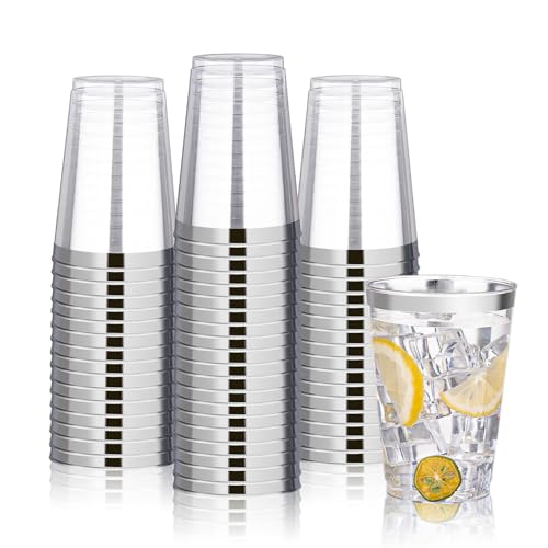 BESTVIP 12oz Silver Plastic Cups, 100 Pack Silver Rimmed Disposable Cups, Heavy-duty Party Cocktail Glasses for Christmas, Plastic Cups for Party, Holiday, Wedding and Birthday