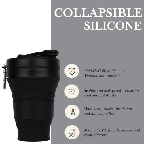Silicone Coffee Cup with Straw lid Collapsible Cups for Traveling 20oz Lightweight Folding Water Mug for Picnic Hicking Camping Climbing (Black)