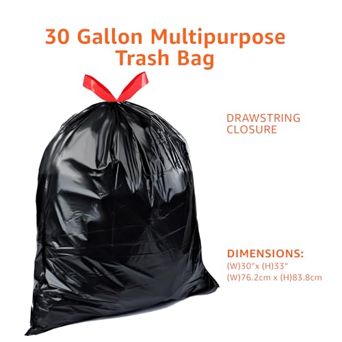 Basics Multipurpose Drawstring Trash Bags, 30 Gallon Capacity, Tear Resistant, 50 Count (Previously Solimo)