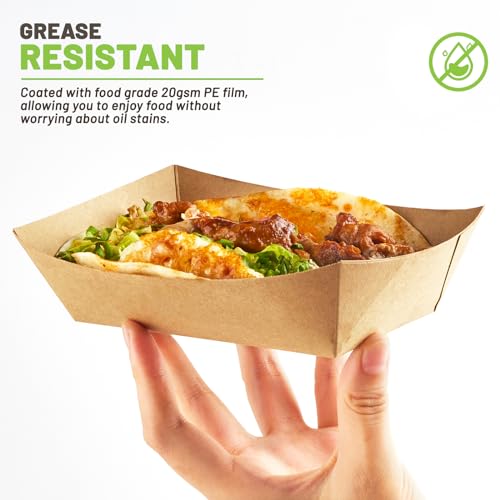 ZORRITA 2 Lb Paper Food Trays - 100 Pack Disposable Nacho Trays Brown Food Boats Take Out Basket Holders for Serving Party Snacks Hot Dogs Tacos Fries