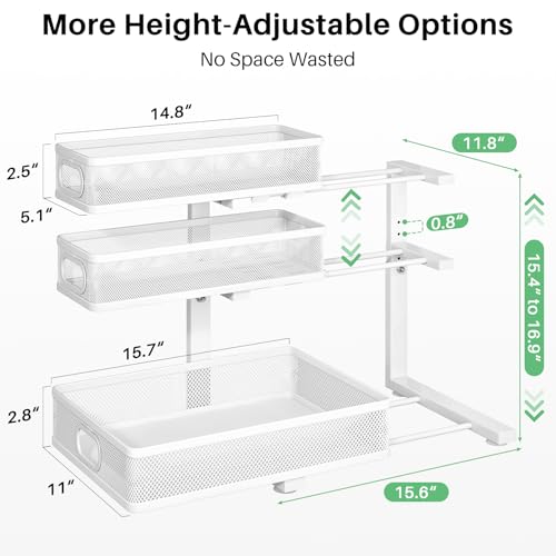 Kitstorack Under Sink Organizer, 2-Pack 3-Tier Height Adjustable Thickened Metal Pull out Cabinet Organizer Shelf