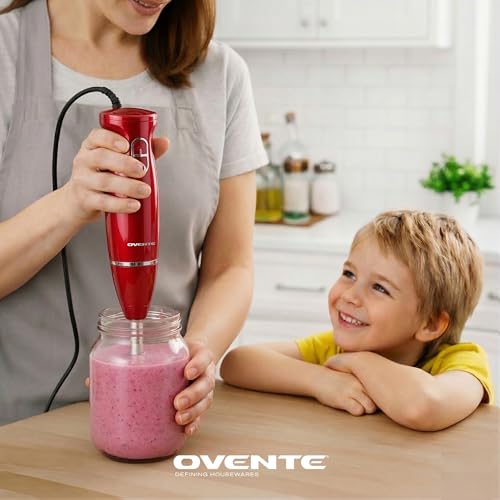OVENTE Immersion Hand Blender, 300W Corded Electric Handheld Stick Mixer with 2 Mixing Speeds and Stainless Steel Blades for Smoothies, Purees & Baby Food, Red HS560R