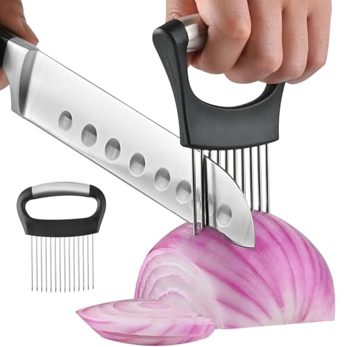 【2 PCS】Onion Holder for Slicing - Stainless Steel Vegetable & Fruit Cutter Chopper for Onions, Tomatoes, Avocados, Potatoes, Eggs, Meat & Lemon - Kitchen Slicer Assistant with Neat Guide & Tenderizer.