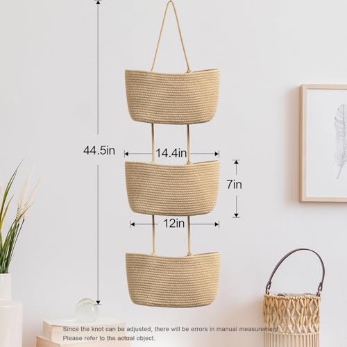 Over the Door Hanging Storage Basket 3 Tier Wall Organizer Jute Color