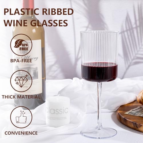 YOUBET 24 Pack Plastic Ribbed Wine Glasses - 10 OZ Clear Square Wine Glasses with Stem - Heavy Duty Vintage Disposable Champagne Cups for Wedding Parties