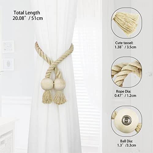 4 Pack Magnetic Curtain Tiebacks Cotton Hand Woven Tie Back Decorative Rope Holdbacks for Curtains Draperies No Tools Required, Dark Beige