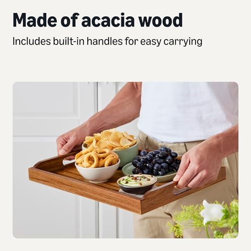 Basics Wooden Serving Tray with Built-in Handles, Acacia Wood, 17 x 12 in.