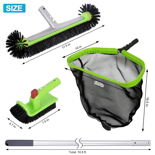 Sepetrel Deluxe Swimming Pool Cleaning Kit with 10.5" Aluminum Pole, Professional Pool Maintenance Set with Leaf Skimmer Net, 17.5" Pool Brush Head & Hand Scrub Brush for Inground & Above Ground Pools