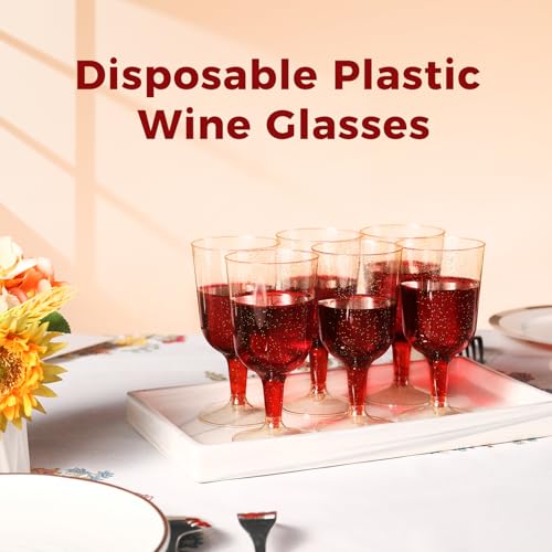 TENYASEN 30 Pack 6oz Plastic Wine Glasses – Disposable Gold Glitter Mini Stemware with Removable Base for Weddings, Parties, Champagne, Toasting