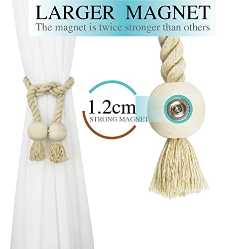 4 Pack Magnetic Curtain Tiebacks Cotton Hand Woven Tie Back Decorative Rope Holdbacks for Curtains Draperies No Tools Required, Dark Beige