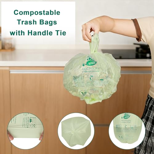 HECTOLIFE 1.6 Gallon 100 Count,Compostable Bags Handle Tie,Tear Resistant Kitchen Food Scrap Waste Bag, ASTM D6400, US BPI and Europe OK Compost Home Certified