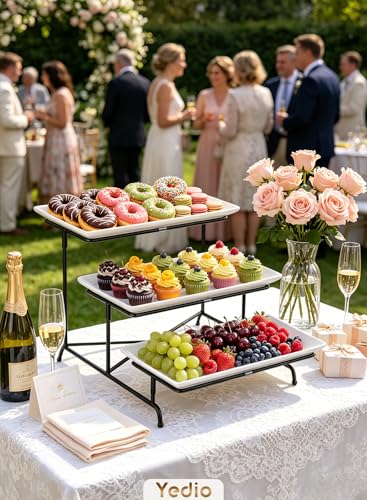 3 Tier Serving Trays for Party, Porcelain Serving Platters and Trays, 12 Inch Tiered Tray Stand, Fruit Tray, Trays for Serving Food, White Dessert Stand with Collapsible Sturdier Metal Rack