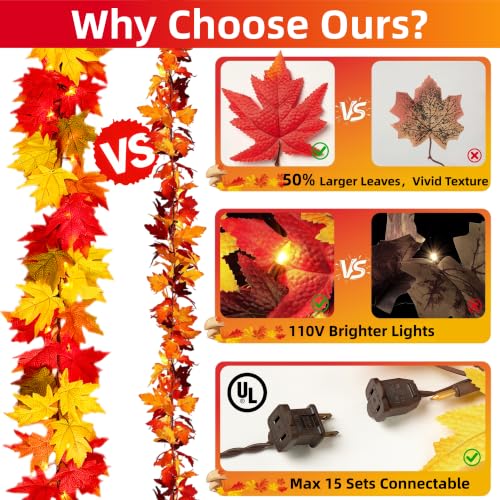 Fall Decorations for Home 9Ft Plug in Fall Garland with Lights Lush and Thicker Large Leaves, 50 Orange Bulbs Prelit Connectable UL Certified Fall