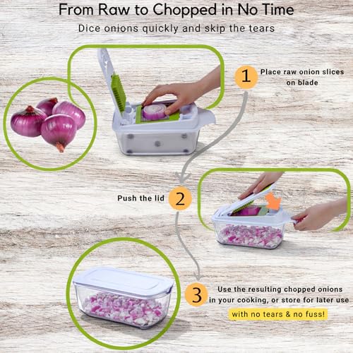 Brieftons QuickPush Food Chopper: Strongest & 200% More Container Capacity, 30% Heavier Duty, For Onion, Fruit and Vegetable Chopping, with 3 Dicer Cutter Blades, Keep-Fresh Lid, and 5 Recipe Ebooks