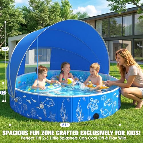 FizZeal Kiddie Pool with Canopy, 51in Foldable Toddler Pool,Pop Up Baby Pool with Shade,UPF 50+UV Portable Swimming Pool for Kids,Collapsible Baby Pool for Beach, Outdoor Toddler Pool for Backyard