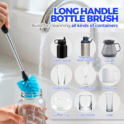 Holikme 4 Pack Bottle Brush Set, 14.5" Long Handle Stainless Steel Bottle Cleaner Brush, Long-Handled 4-in-1 Stainless Steel Bottle Brushes for Water Bottle, Cups, Abrasive Wheel Brushes, Blue