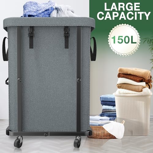 40 Gal(150L) High Grade Large Laundry Basket with Wheels, Rolling Laundry Hamper, Laundry Cart with Metal Frame and Removable Bag Design, Suitable for Laundry Room, Bedroom